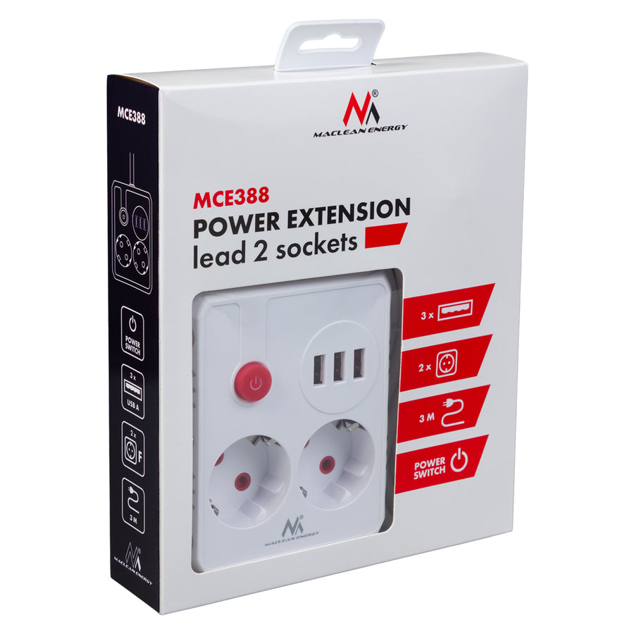 Regleta de enchufes Maclean, cable alargador 2 tomas + 3xUSB, 110-240 V CA 50/60 Hz, 2,1 A máx. 2500 W, 3 m, blanco, MCE388 W