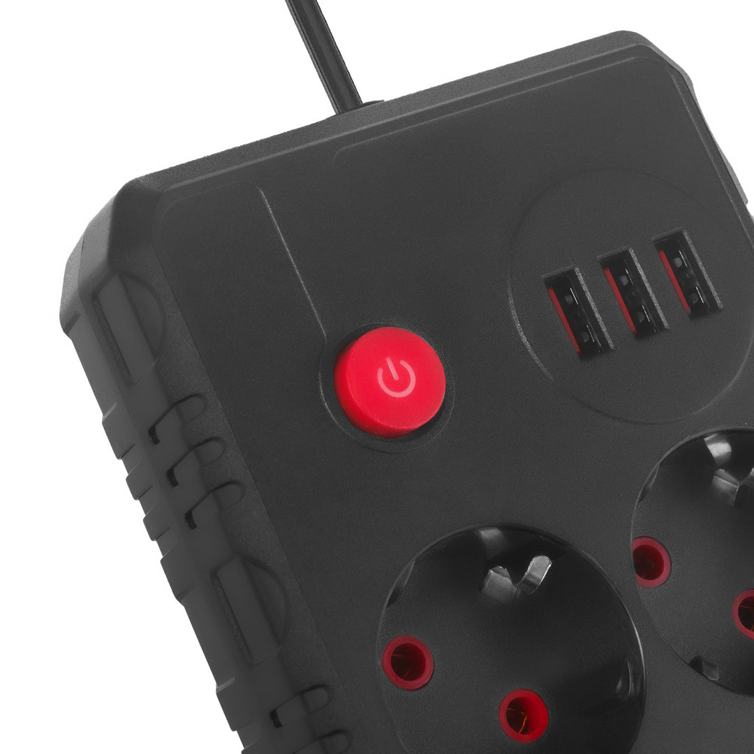 Regleta de enchufes Maclean, cable alargador 2 tomas + 3xUSB, 110-240 V CA 50/60 Hz, 2,1 A máx. 2500 W, 3 m, negro, MCE388 B