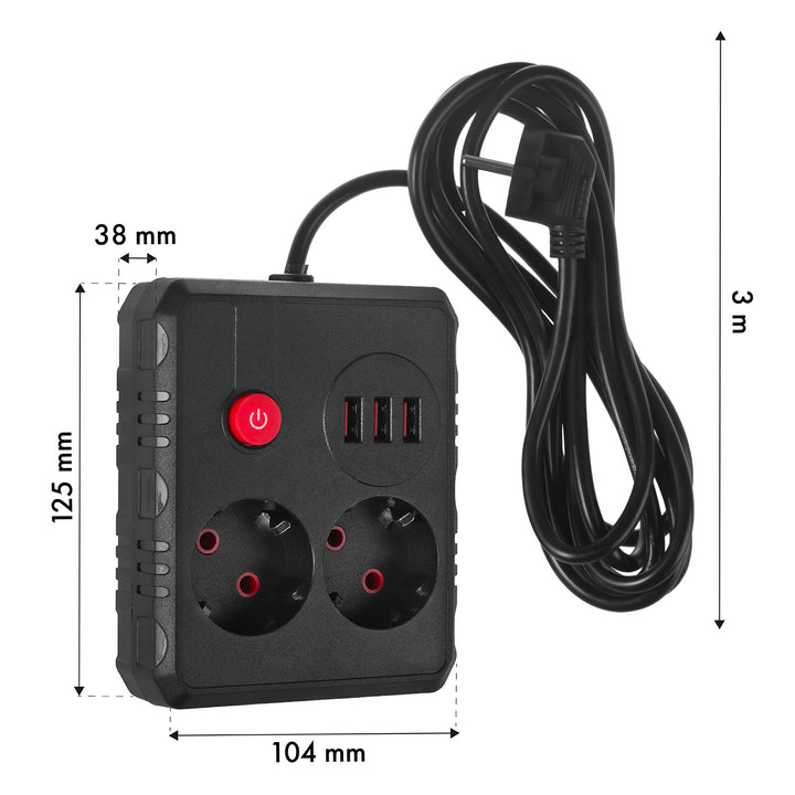 Regleta de enchufes Maclean, cable alargador 2 tomas + 3xUSB, 110-240 V CA 50/60 Hz, 2,1 A máx. 2500 W, 3 m, negro, MCE388 B
