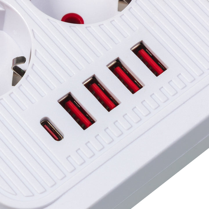 Regleta de enchufes Maclean, cable alargador de 6 tomas + 4xUSB, 110-240 V CA 50/60 Hz, 2,1 A máx. 2500 W, 1,5 m, blanco, MCE389 W