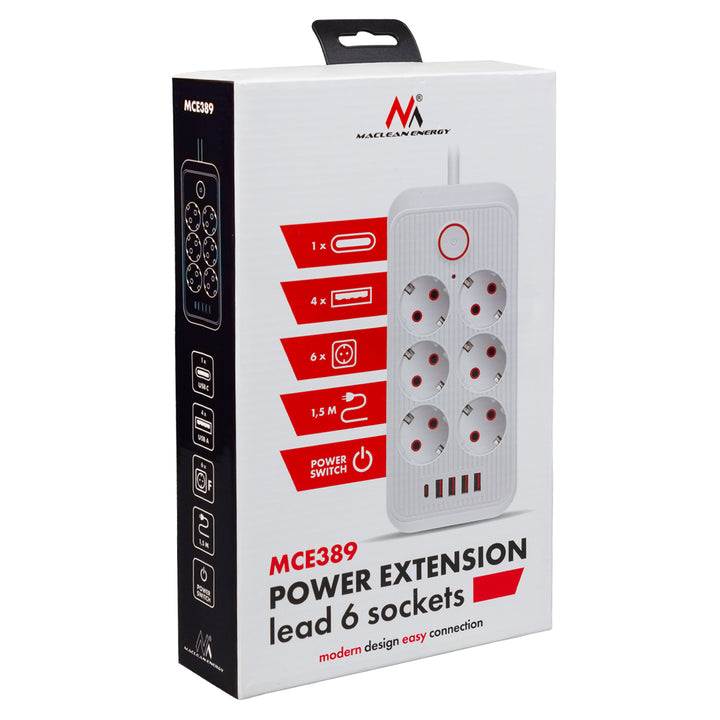 Regleta de enchufes Maclean, cable alargador de 6 tomas + 4xUSB, 110-240 V CA 50/60 Hz, 2,1 A máx. 2500 W, 1,5 m, blanco, MCE389 W