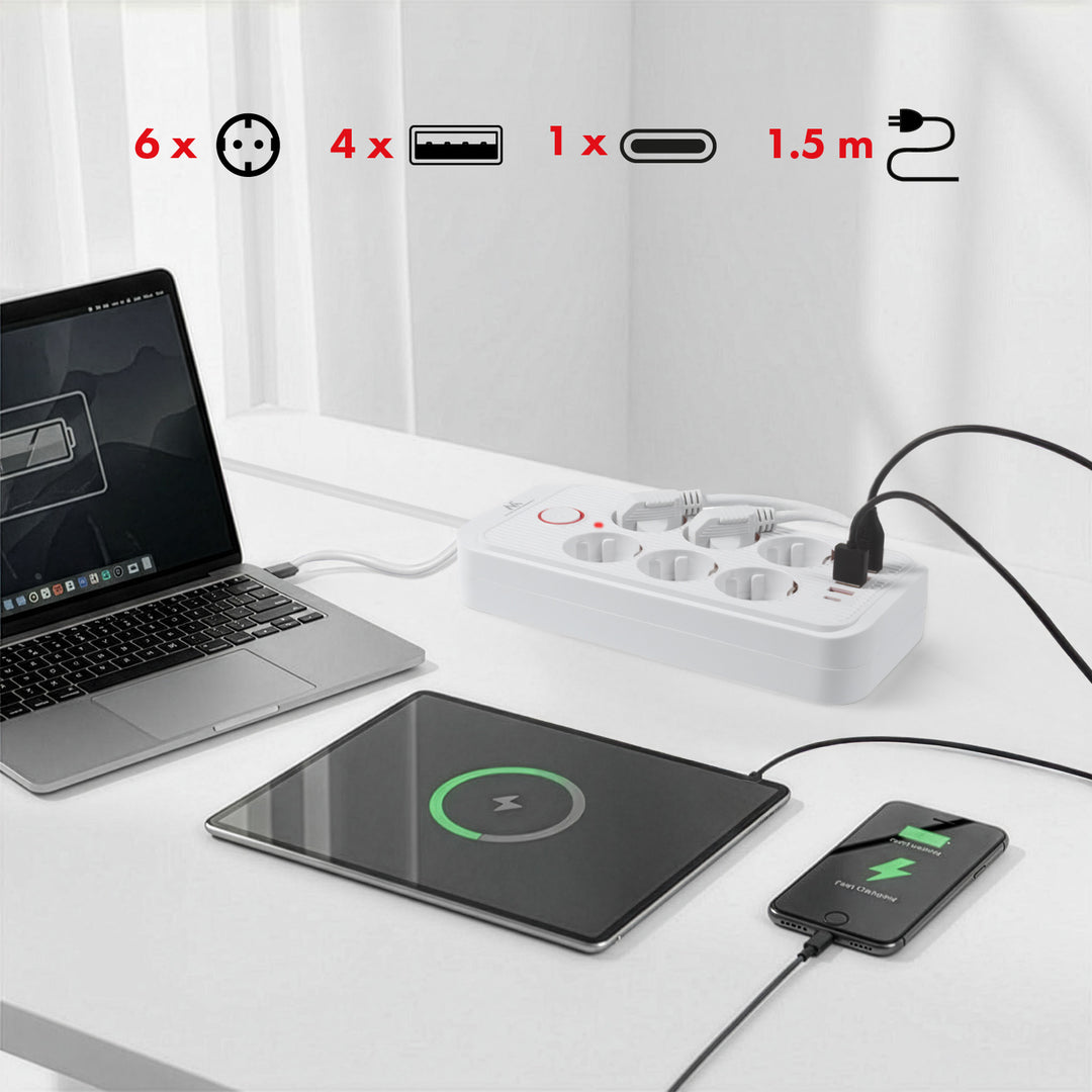 Regleta de enchufes Maclean, cable alargador de 6 tomas + 4xUSB, 110-240 V CA 50/60 Hz, 2,1 A máx. 2500 W, 1,5 m, blanco, MCE389 W