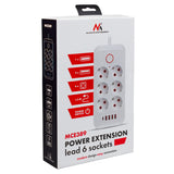 Regleta de enchufes Maclean, cable alargador de 6 tomas + 4xUSB, 110-240 V CA 50/60 Hz, 2,1 A máx. 2500 W, 1,5 m, negro, MCE389 B