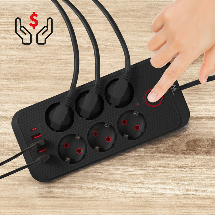 Regleta de enchufes Maclean, cable alargador de 6 tomas + 4xUSB, 110-240 V CA 50/60 Hz, 2,1 A máx. 2500 W, 1,5 m, negro, MCE389 B