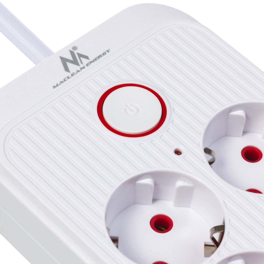 Regleta Maclean, cable alargador de 6 tomas + 4xUSB, 110-240V CA 50/60Hz, 2,1A máx. 2500W, 3m, blanco, MCE391 W
