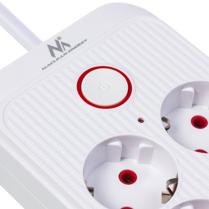 Regleta Maclean, cable alargador de 6 tomas + 4xUSB, 110-240V CA 50/60Hz, 2,1A máx. 2500W, 3m, blanco, MCE391 W