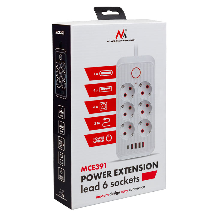 Regleta Maclean, cable alargador de 6 tomas + 4xUSB, 110-240V CA 50/60Hz, 2,1A máx. 2500W, 3m, blanco, MCE391 W