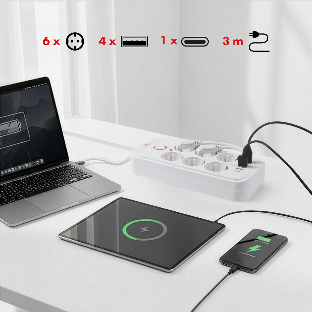 Regleta Maclean, cable alargador de 6 tomas + 4xUSB, 110-240V CA 50/60Hz, 2,1A máx. 2500W, 3m, blanco, MCE391 W