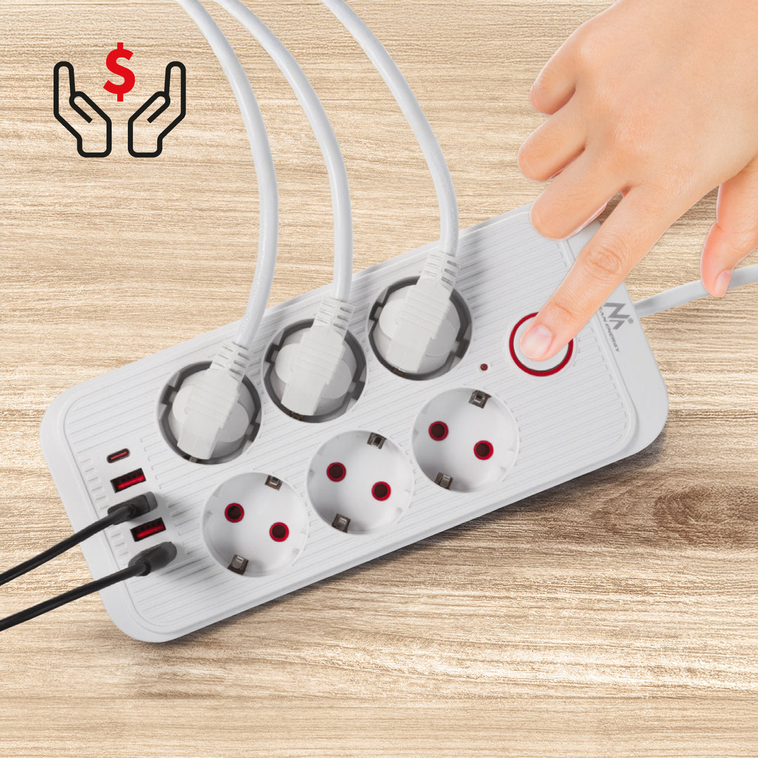 Regleta Maclean, cable alargador de 6 tomas + 4xUSB, 110-240V CA 50/60Hz, 2,1A máx. 2500W, 3m, blanco, MCE391 W