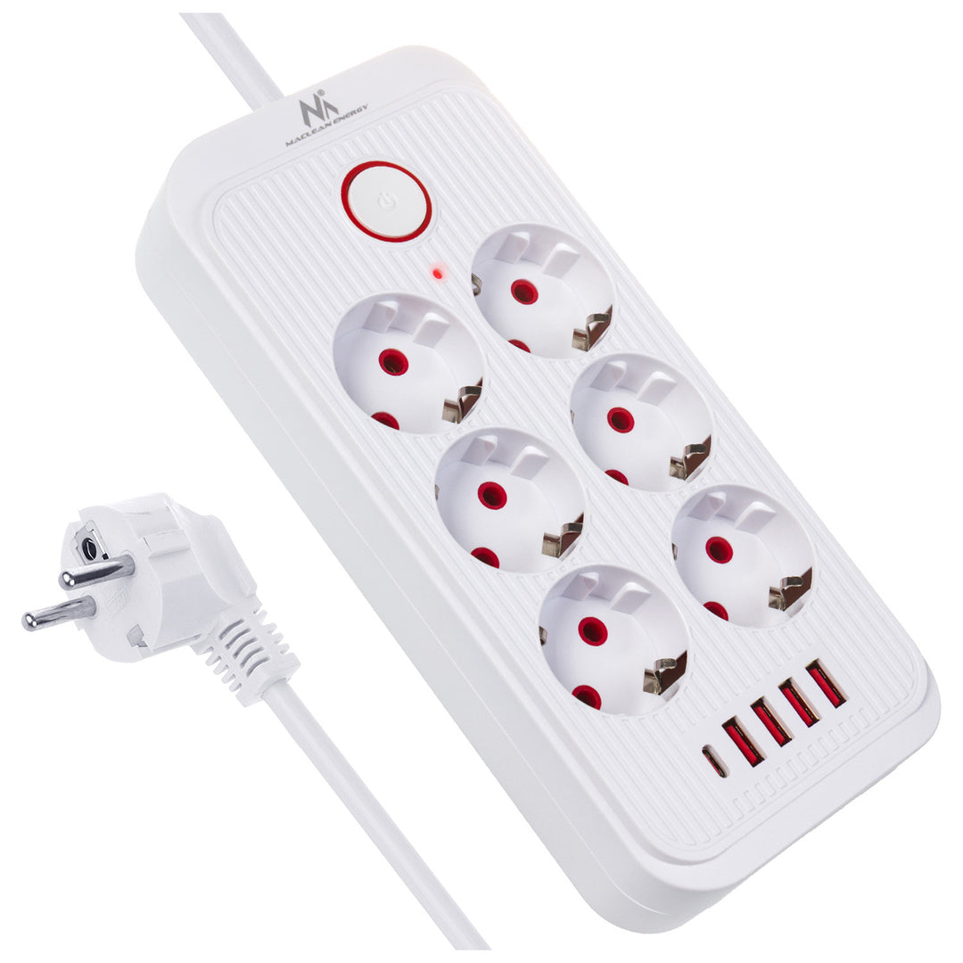 Regleta Maclean, cable alargador de 6 tomas + 4xUSB, 110-240V CA 50/60Hz, 2,1A máx. 2500W, 3m, blanco, MCE391 W