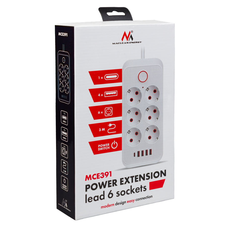 Regleta de enchufes Maclean, cable alargador de 6 tomas + 4xUSB, 110-240V CA 50/60Hz, 2,1A máx. 2500W, 3m, negro, MCE391 B