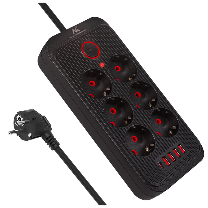 Regleta de enchufes Maclean, cable alargador de 6 tomas + 4xUSB, 110-240V CA 50/60Hz, 2,1A máx. 2500W, 3m, negro, MCE391 B