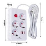 Regleta de enchufes Maclean, cable alargador de 4 tomas + 3xUSB, 110-240 V CA 50/60 Hz, 2,1 A máx. 2500 W, 1,5 m, blanco, MCE392 W