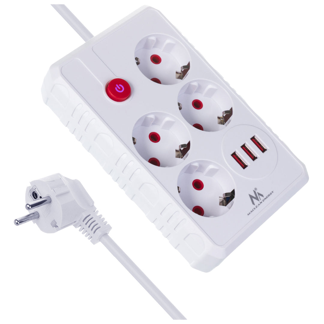 Regleta de enchufes Maclean, cable alargador de 4 tomas + 3xUSB, 110-240 V CA 50/60 Hz, 2,1 A máx. 2500 W, 1,5 m, blanco, MCE392 W