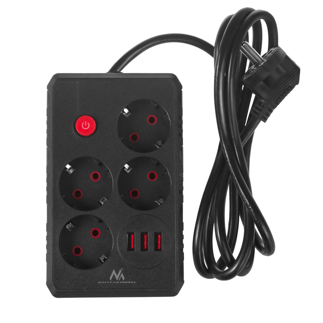 Regleta de enchufes Maclean, cable alargador de 4 tomas + 3xUSB, 110-240V CA 50/60Hz, 2,1A máx. 2500W, 1,5m, negro, MCE392 B