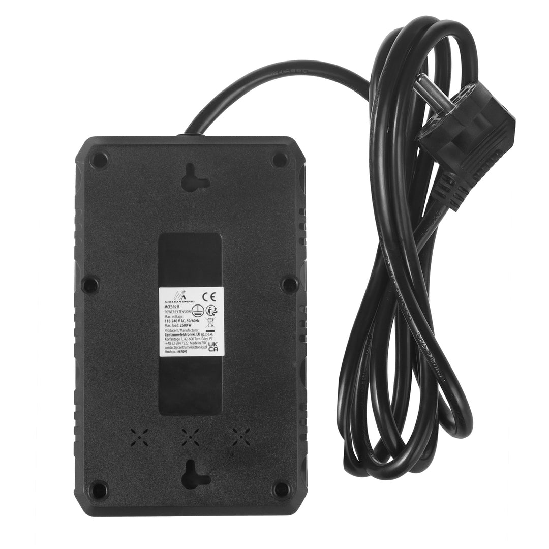 Regleta de enchufes Maclean, cable alargador de 4 tomas + 3xUSB, 110-240V CA 50/60Hz, 2,1A máx. 2500W, 1,5m, negro, MCE392 B