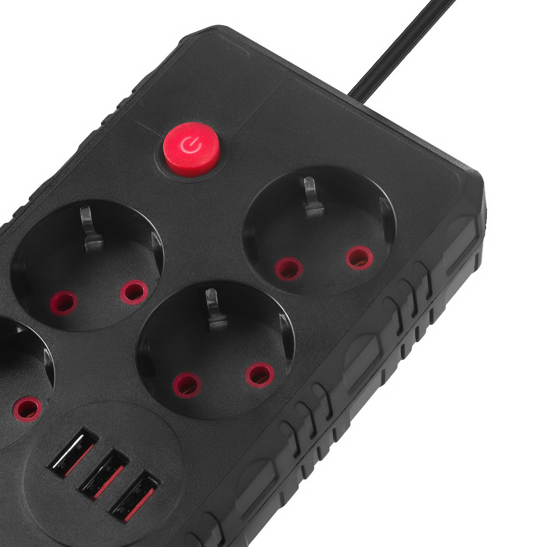 Regleta de enchufes Maclean, cable alargador de 4 tomas + 3xUSB, 110-240V CA 50/60Hz, 2,1A máx. 2500W, 1,5m, negro, MCE392 B