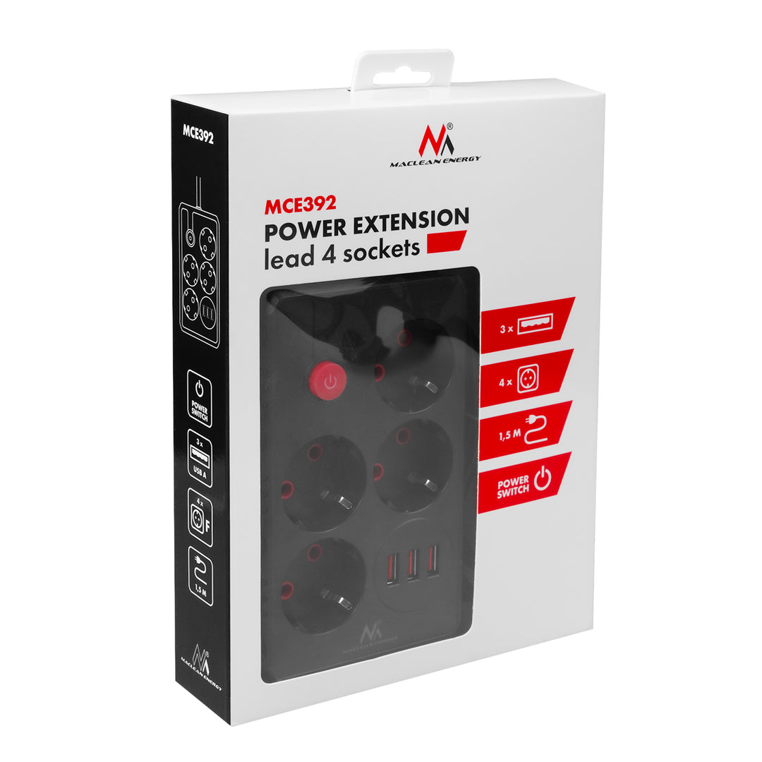 Regleta de enchufes Maclean, cable alargador de 4 tomas + 3xUSB, 110-240V CA 50/60Hz, 2,1A máx. 2500W, 1,5m, negro, MCE392 B