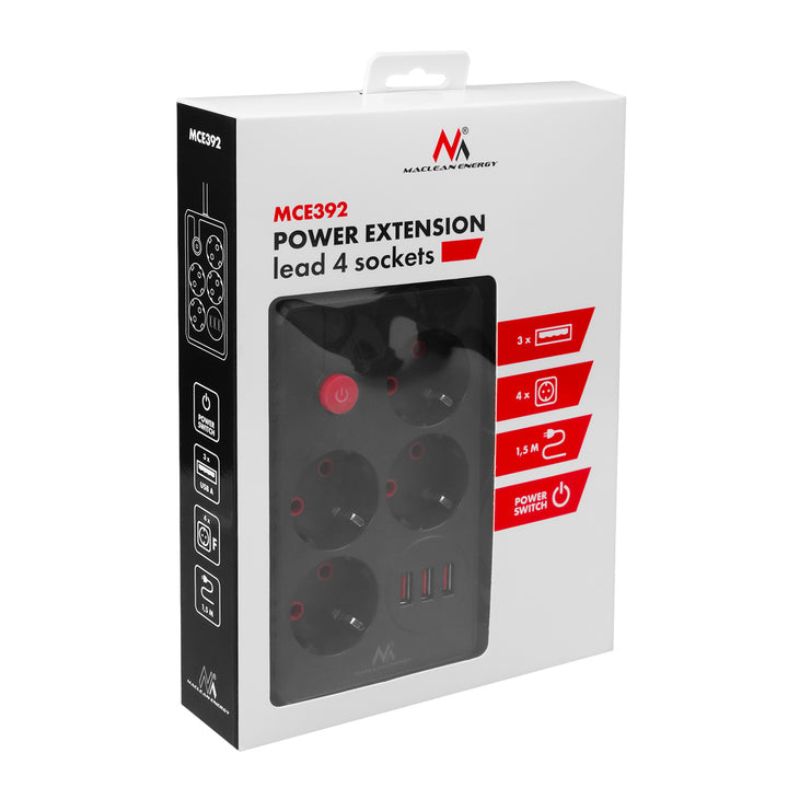 Regleta de enchufes Maclean, cable alargador de 4 tomas + 3xUSB, 110-240V CA 50/60Hz, 2,1A máx. 2500W, 1,5m, negro, MCE392 B
