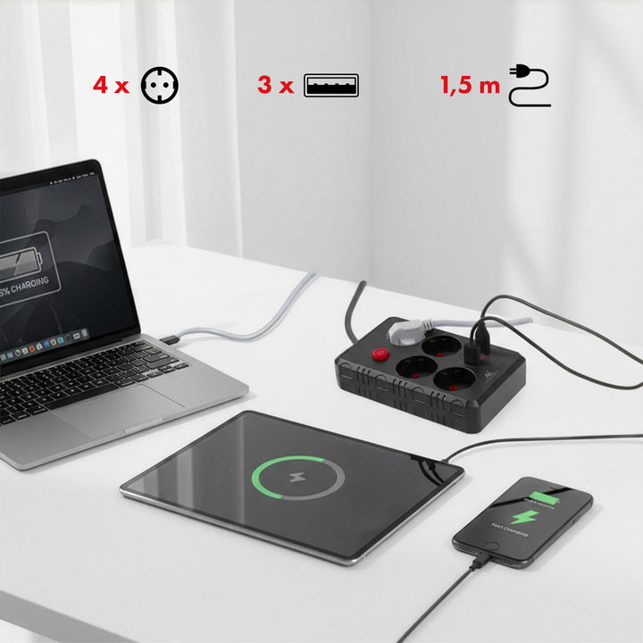 Regleta de enchufes Maclean, cable alargador de 4 tomas + 3xUSB, 110-240V CA 50/60Hz, 2,1A máx. 2500W, 1,5m, negro, MCE392 B