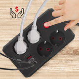 Regleta de enchufes Maclean, cable alargador de 4 tomas + 3xUSB, 110-240V CA 50/60Hz, 2,1A máx. 2500W, 1,5m, negro, MCE392 B