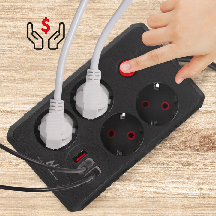 Regleta de enchufes Maclean, cable alargador de 4 tomas + 3xUSB, 110-240V CA 50/60Hz, 2,1A máx. 2500W, 1,5m, negro, MCE392 B