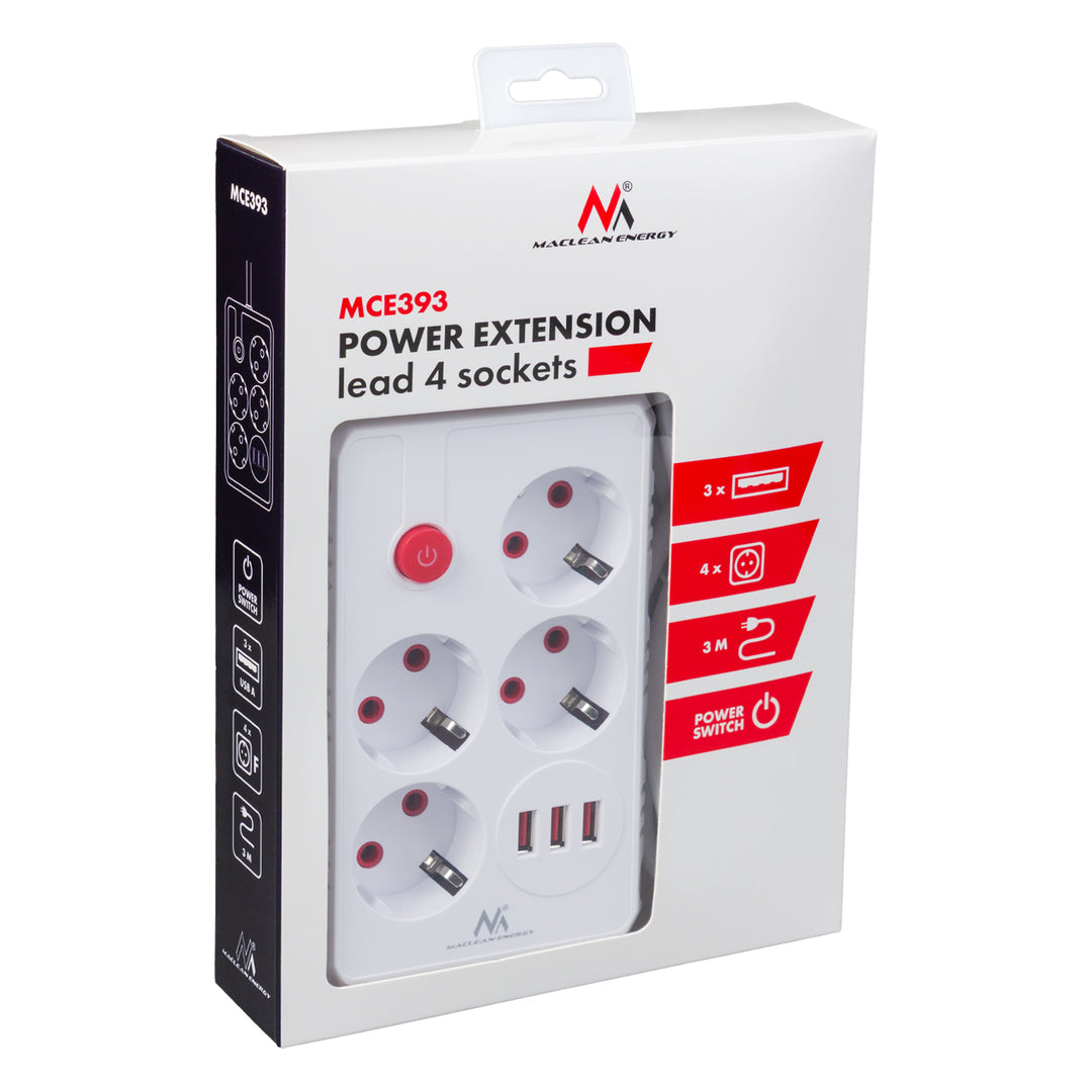 Regleta de enchufes Maclean, cable alargador de 4 tomas + 3xUSB, 110-240 V CA 50/60 Hz, 2,1 A máx. 2500 W, 3 m, blanco, MCE393 W