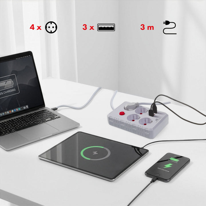 Regleta de enchufes Maclean, cable alargador de 4 tomas + 3xUSB, 110-240 V CA 50/60 Hz, 2,1 A máx. 2500 W, 3 m, blanco, MCE393 W