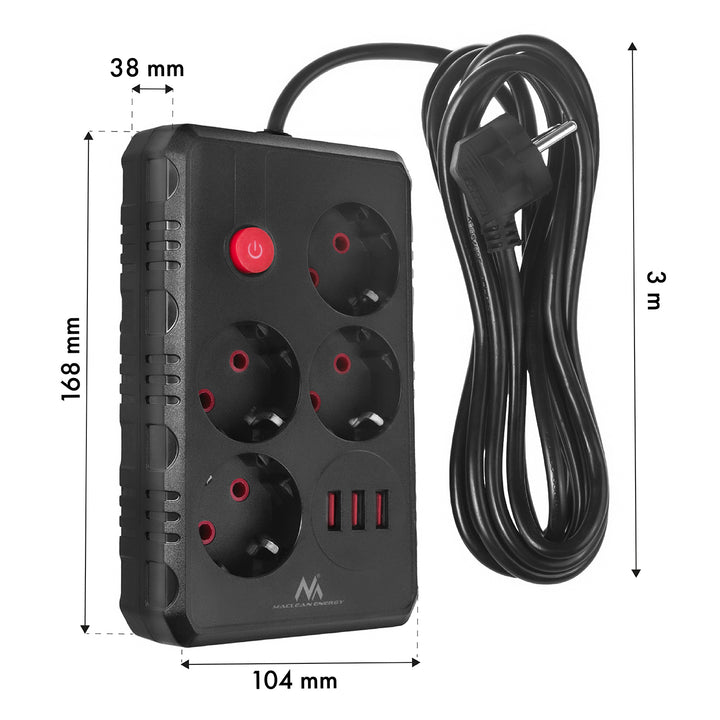 Regleta Maclean, cable alargador de 4 tomas + 3xUSB, 110-240V CA 50/60Hz, 2,1A máx. 2500W, 3m, negro, MCE393 B
