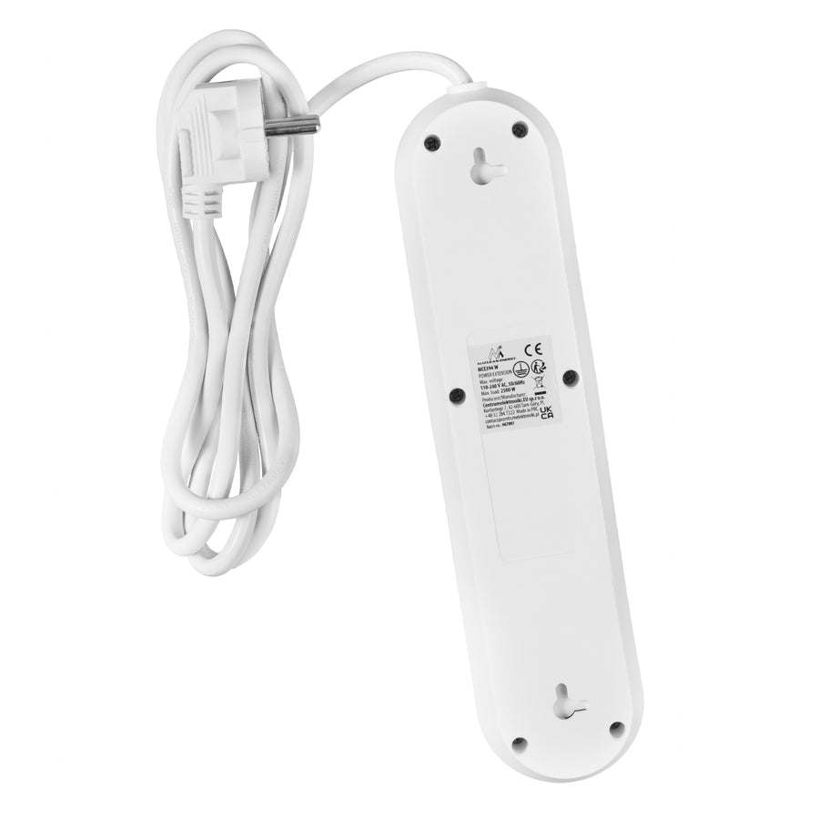 Regleta de enchufes Maclean, cable alargador de 3 tomas + 3xUSB, 110-240 V CA 50/60 Hz, 2,1 A máx. 2500 W, 1,5 m, blanco, MCE394 W