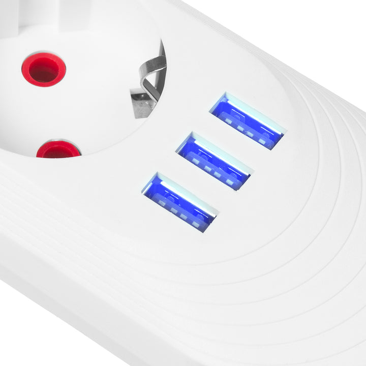 Regleta de enchufes Maclean, cable alargador de 3 tomas + 3xUSB, 110-240 V CA 50/60 Hz, 2,1 A máx. 2500 W, 1,5 m, blanco, MCE394 W