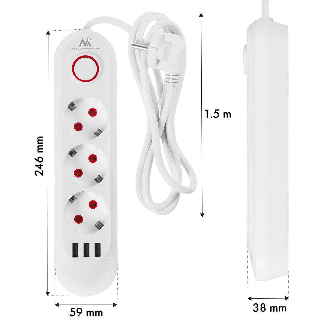 Regleta de enchufes Maclean, cable alargador de 3 tomas + 3xUSB, 110-240 V CA 50/60 Hz, 2,1 A máx. 2500 W, 1,5 m, blanco, MCE394 W