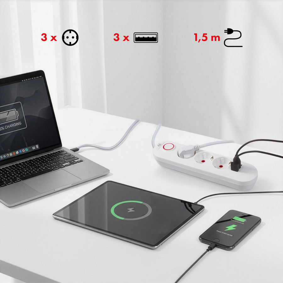 Regleta de enchufes Maclean, cable alargador de 3 tomas + 3xUSB, 110-240 V CA 50/60 Hz, 2,1 A máx. 2500 W, 1,5 m, blanco, MCE394 W