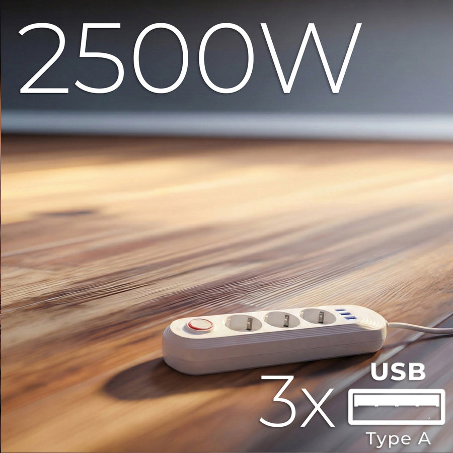 Regleta de enchufes Maclean, cable alargador de 3 tomas + 3xUSB, 110-240 V CA 50/60 Hz, 2,1 A máx. 2500 W, 1,5 m, blanco, MCE394 W