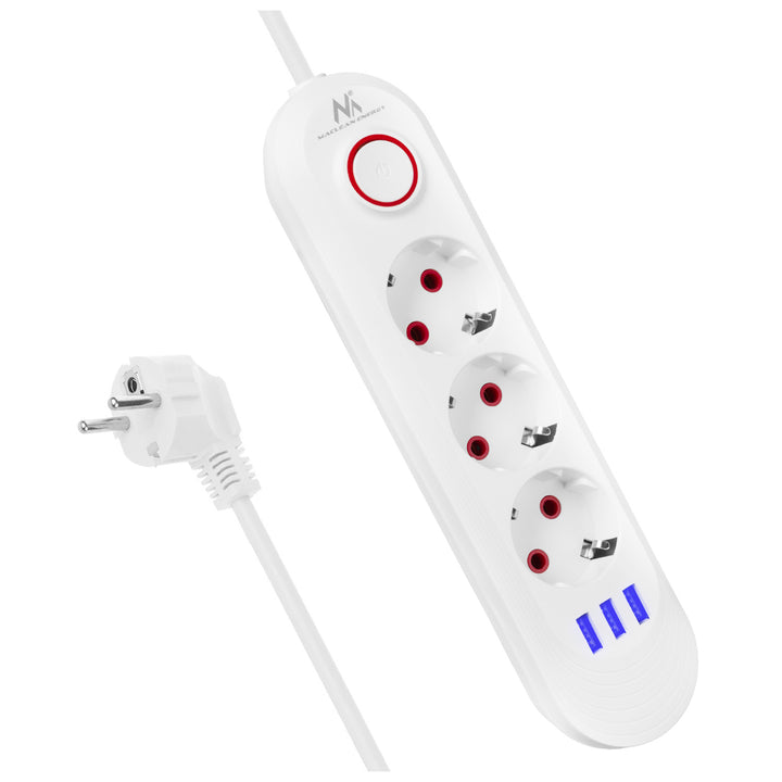 Regleta de enchufes Maclean, cable alargador de 3 tomas + 3xUSB, 110-240 V CA 50/60 Hz, 2,1 A máx. 2500 W, 1,5 m, blanco, MCE394 W