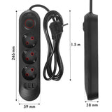 Regleta de enchufes Maclean, cable alargador de 3 tomas + 3xUSB, 110-240V CA 50/60Hz, 2,1A máx. 2500W, 1,5m, negro, MCE394 B