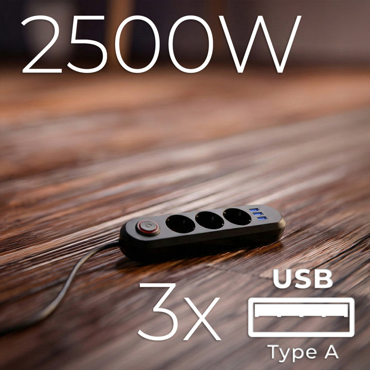 Regleta de enchufes Maclean, cable alargador de 3 tomas + 3xUSB, 110-240V CA 50/60Hz, 2,1A máx. 2500W, 1,5m, negro, MCE394 B