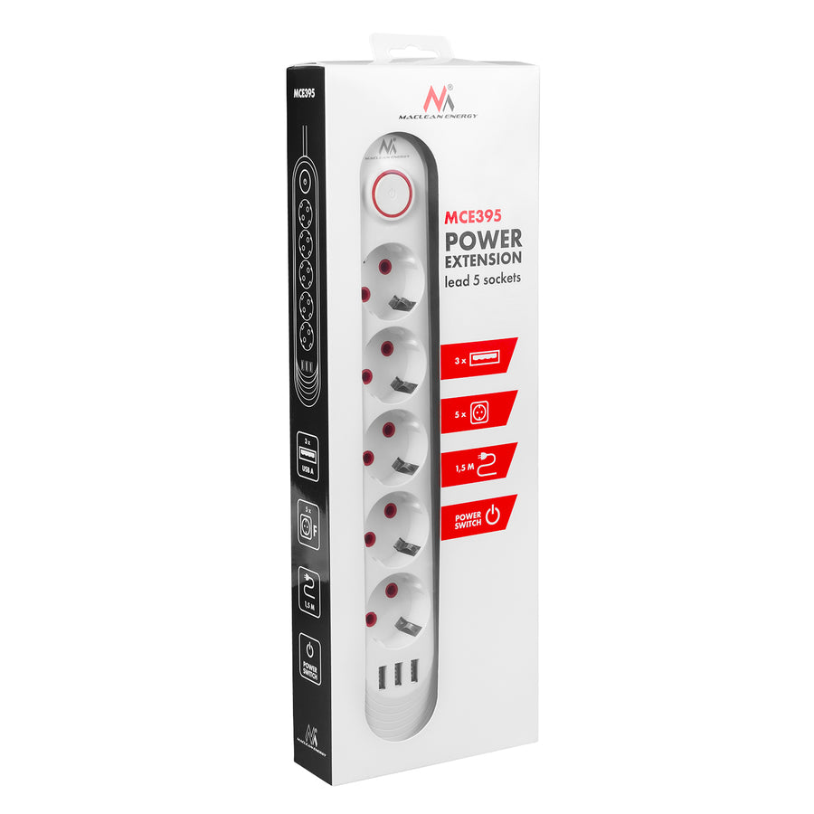 Regleta de enchufes Maclean, cable alargador de 5 tomas + 3xUSB, 110-240 V CA 50/60 Hz, 2,1 A máx. 2500 W, 1,5 m, blanco, MCE395 W