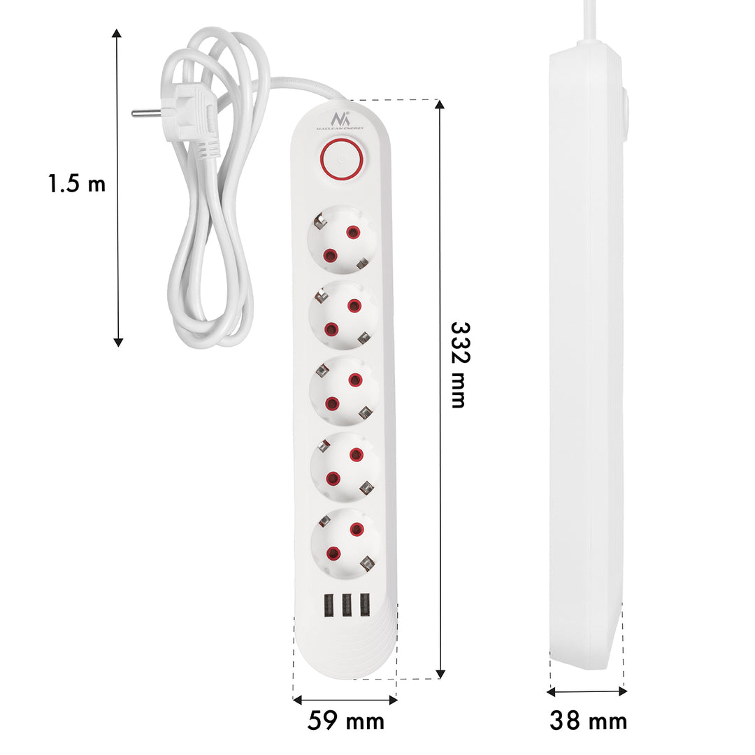 Regleta de enchufes Maclean, cable alargador de 5 tomas + 3xUSB, 110-240 V CA 50/60 Hz, 2,1 A máx. 2500 W, 1,5 m, blanco, MCE395 W