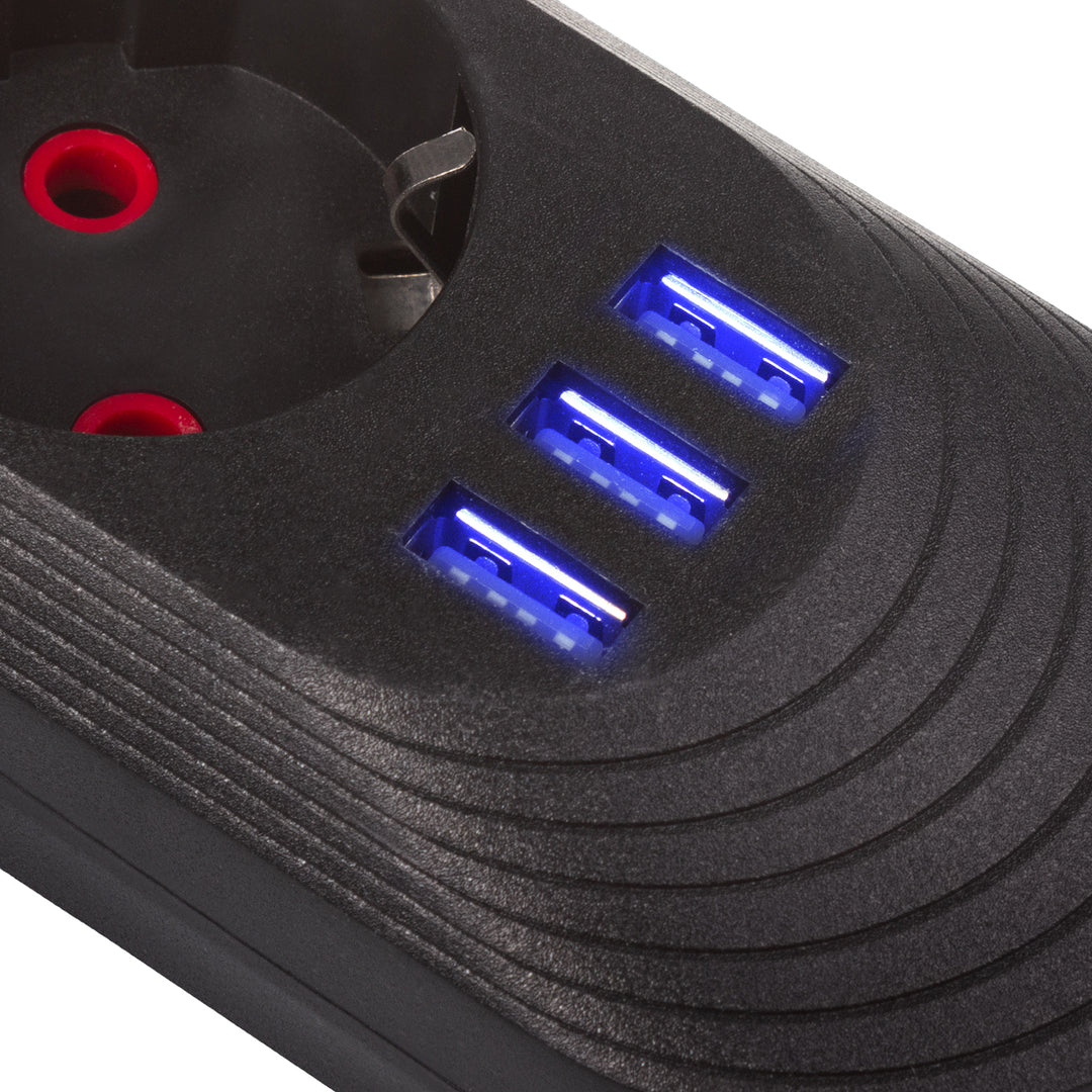 Regleta Maclean, cable de extensión de 5 tomas + 3xUSB, 110-240V CA 50/60Hz, 2,1A máx. 2500W, 1,5m, negro, MCE395 B