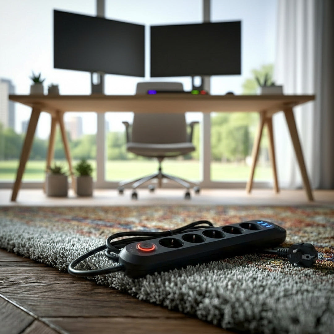 Regleta Maclean, cable de extensión de 5 tomas + 3xUSB, 110-240V CA 50/60Hz, 2,1A máx. 2500W, 1,5m, negro, MCE395 B
