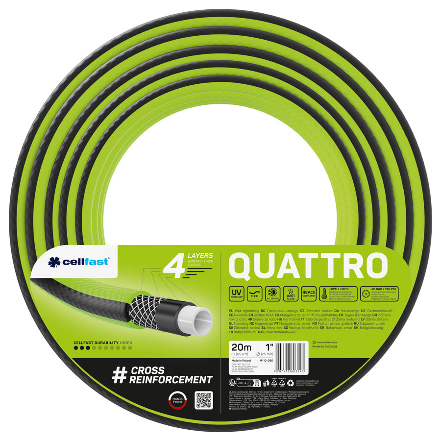 Mangueira de jardim Cellfast, 1'', 20 m, 4 camadas, entrançada cruzada, Quattro