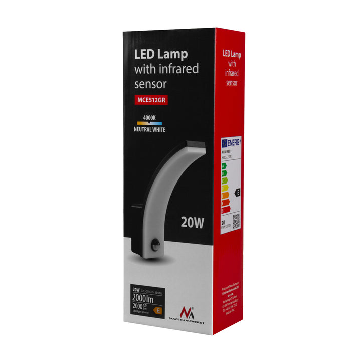 Maclean sensor de movimiento Lámpara LED, sensor de movimiento PIR, gris, 20W, IP65, 2000lm, blanco neutro (4000K) MCE512 GR, 4 piezas