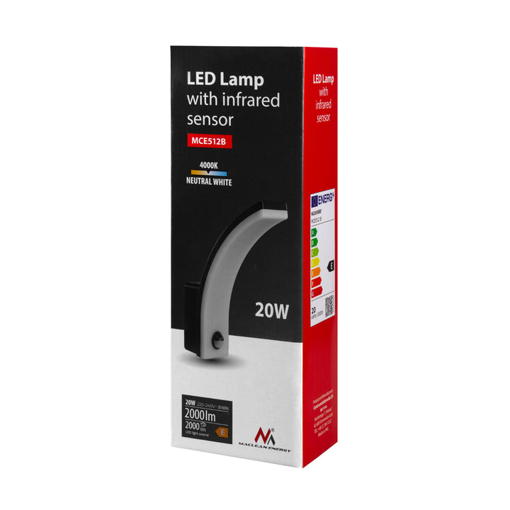 Luz LED com sensor de movimento Maclean, sensor de movimento PIR, preta, 20 W, IP65, 2000 lm, branco neutro (4000 K) MCE512 B, pacote de 4