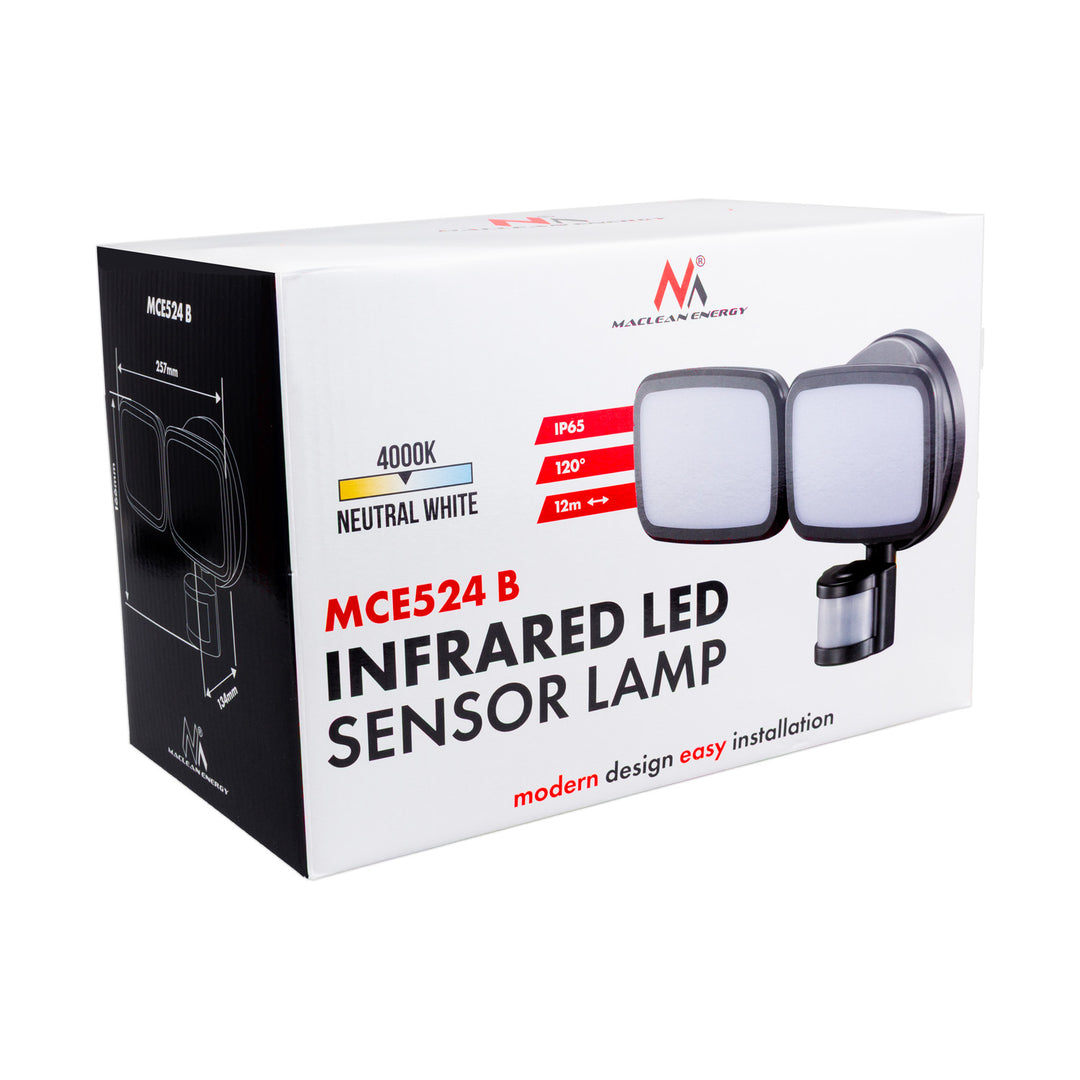Lámpara LED de pared Maclean, con sensor PIR, 20 W, 1500 lm, IP65, blanco neutro 4000 K, negra, MCE524 B