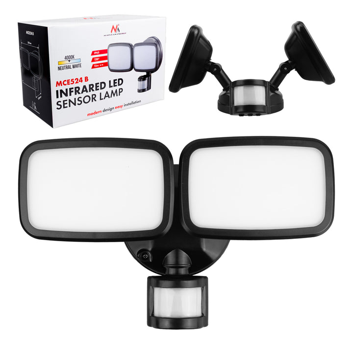 Lámpara LED de pared Maclean, con sensor PIR, 20 W, 1500 lm, IP65, blanco neutro 4000 K, negra, MCE524 B