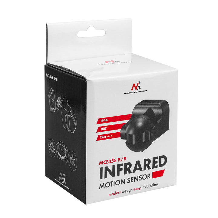 Sensor de movimiento PIR Maclean, infrarrojos, IP44, negro con cubierta negra, alcance 12 m, carga máxima 300/1200 W, MCE358 B/B