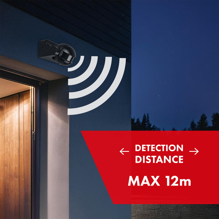 Sensor de movimiento PIR Maclean, infrarrojos, IP44, negro con cubierta negra, alcance 12 m, carga máxima 300/1200 W, MCE358 B/B