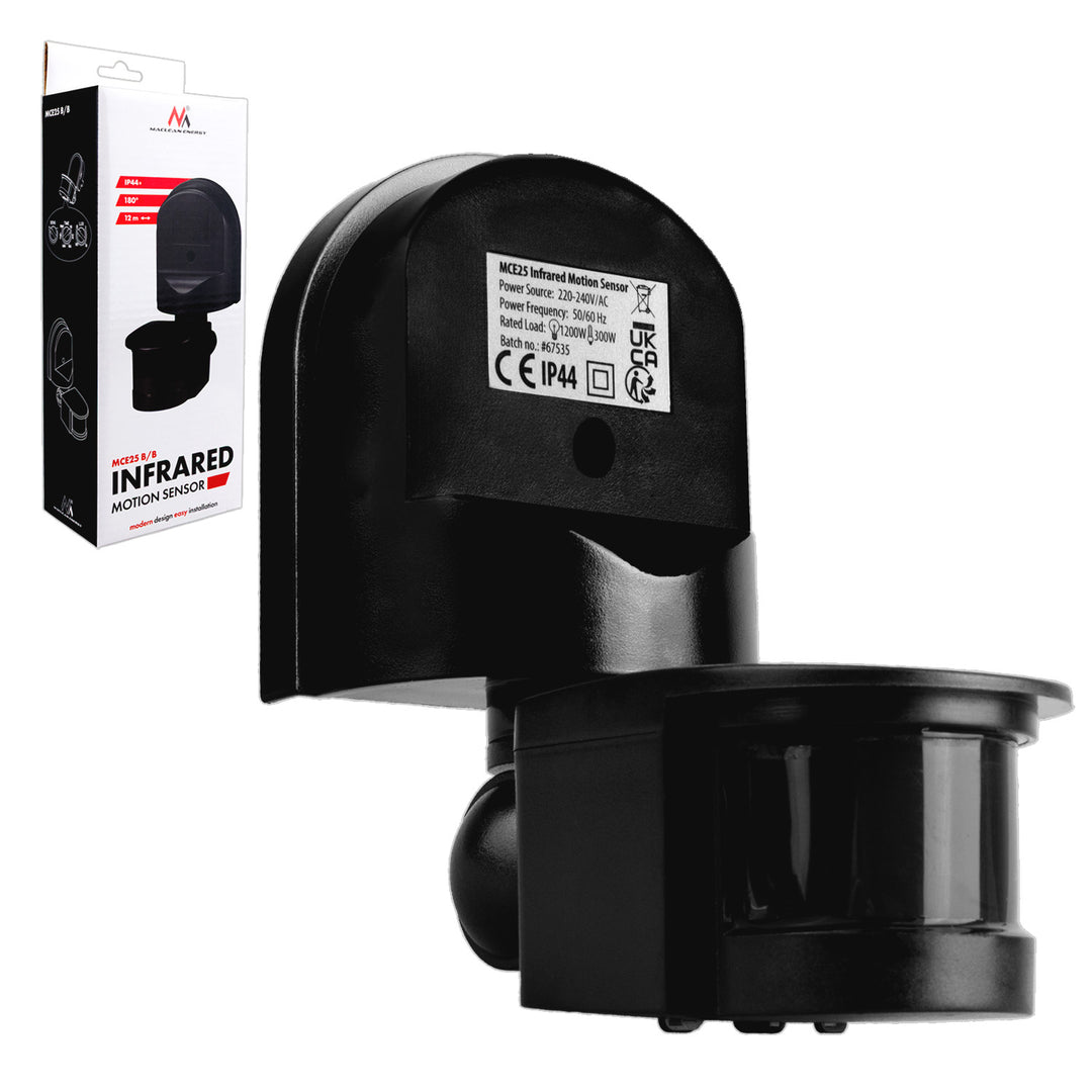 Sensor de movimiento y crepúsculo de pared Maclean, 180°, máx. 1200 W, negro con cubierta negra, MCE25 B/B