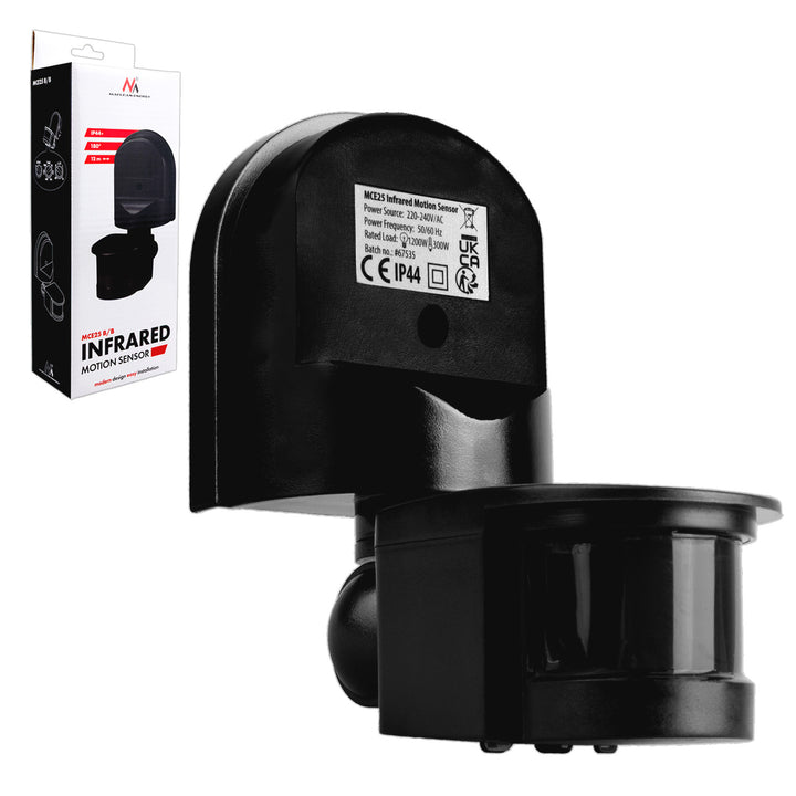 Sensor de movimiento y crepúsculo de pared Maclean, 180°, máx. 1200 W, negro con cubierta negra, MCE25 B/B
